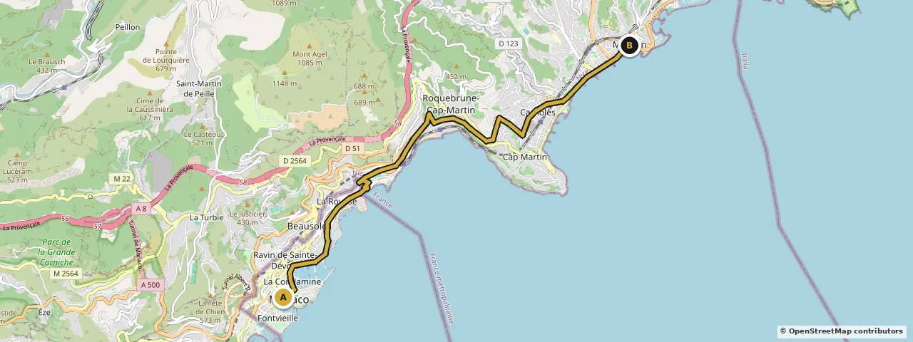 Map of the route from Monaco to Menton