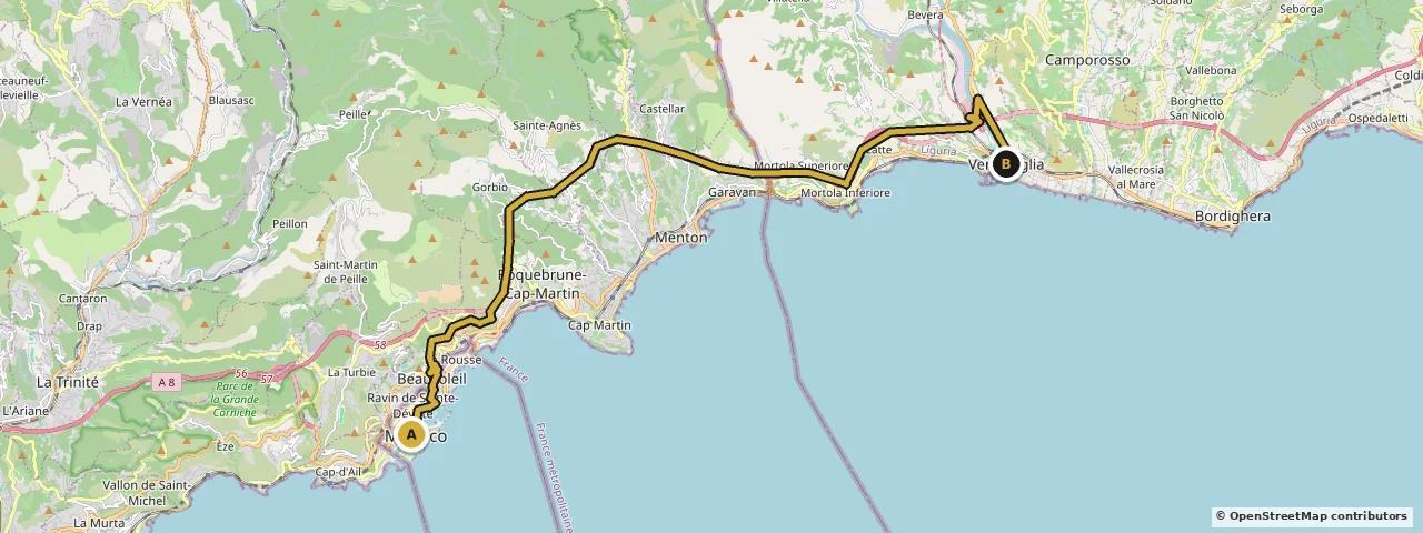 Map of the route from Monaco to Ventimiglia