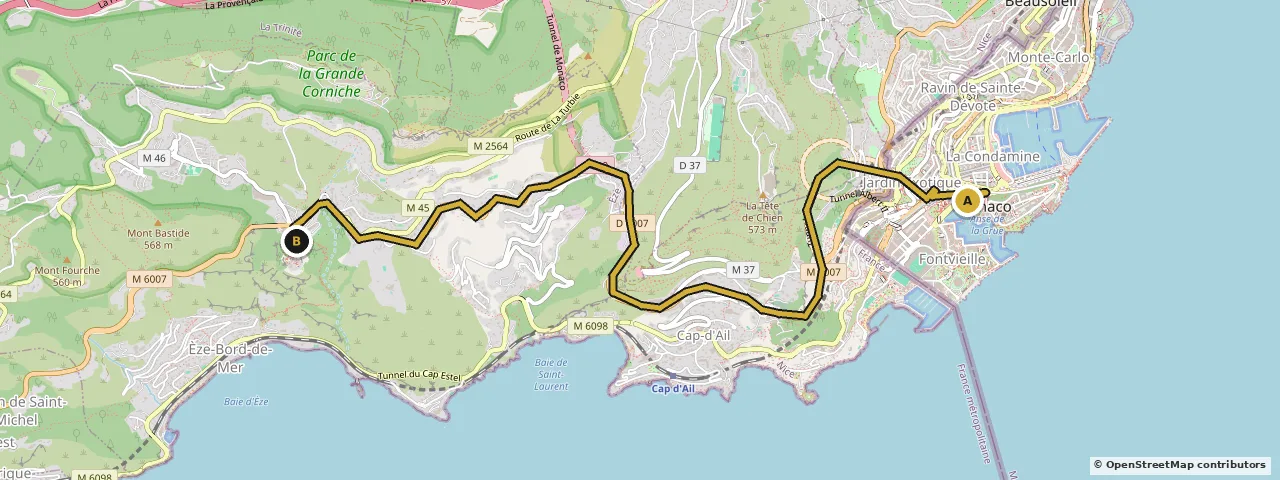 Map of the route from Monaco to Èze