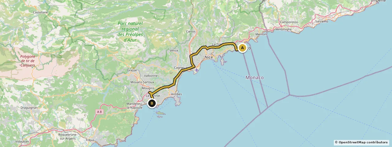 Map of the route from Monaco to Cannes