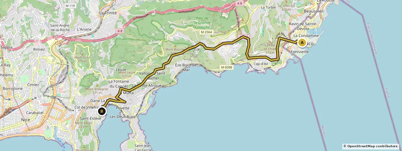 Map of the route from Monaco to Villefranche-sur-Mer