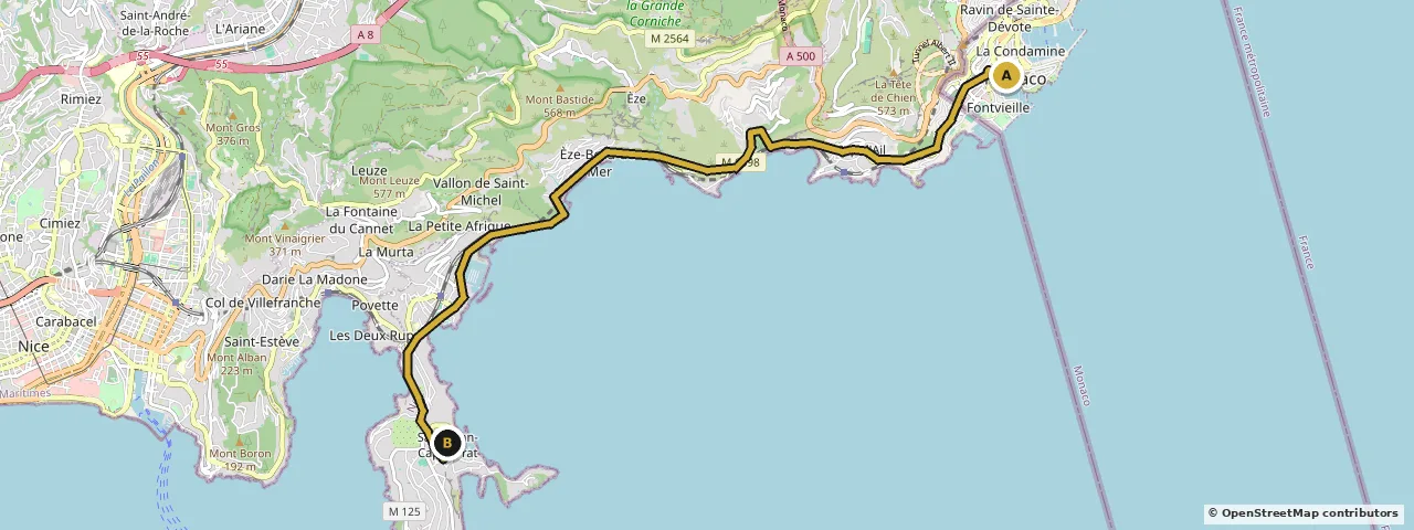 Map of the route from Monaco to Saint-Jean-Cap-Ferrat