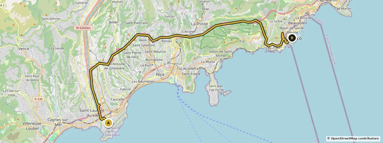 Map of the route from Nice Côte d'Azur Airport to Monaco